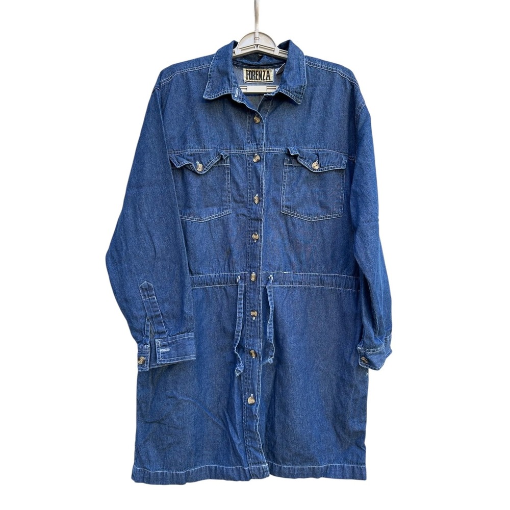 Forenza Vintage 90s Denim Shirt Dress Long Sleeve Blue Boho Women Size 14